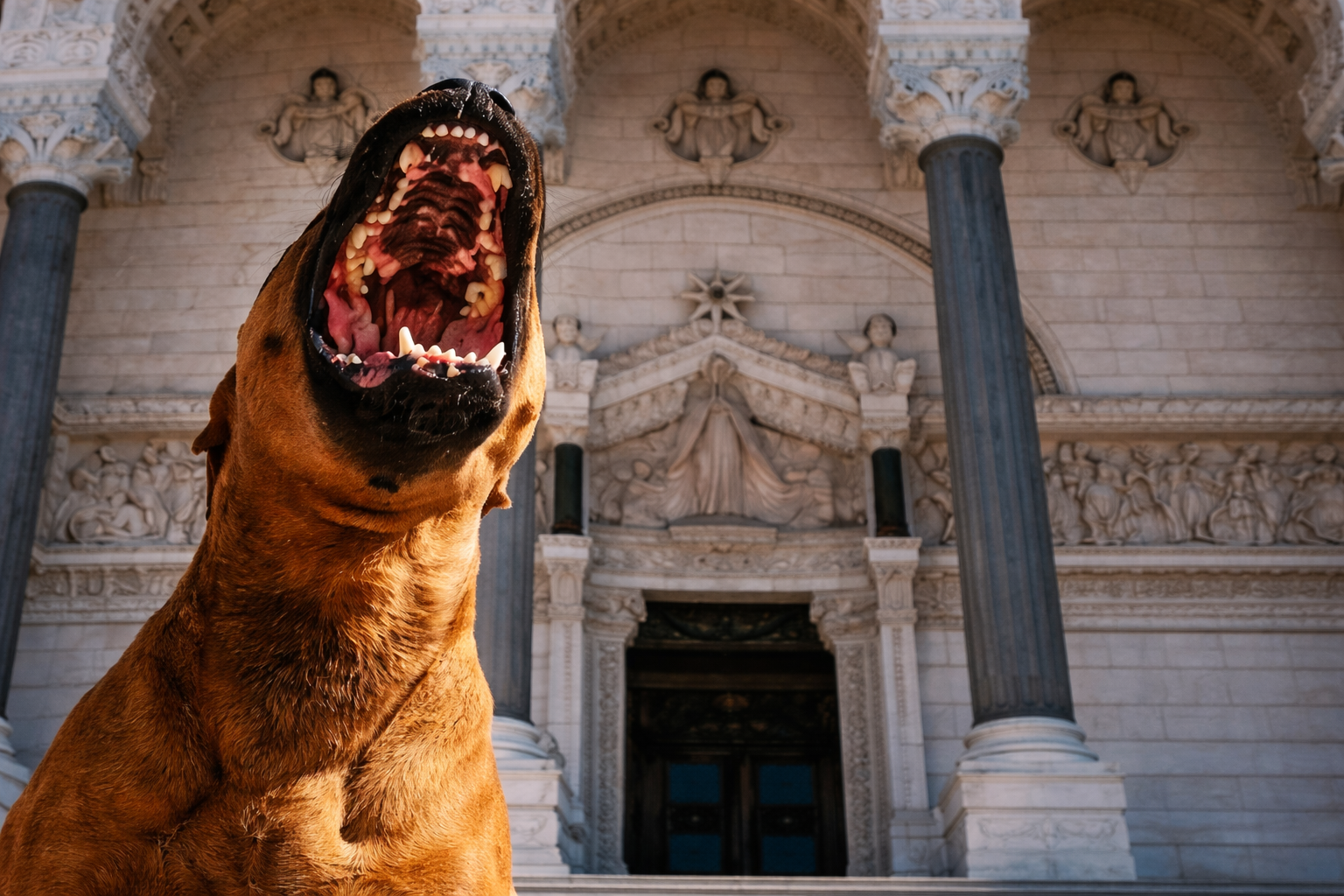 Chien mastiff rugissant devant une basilique